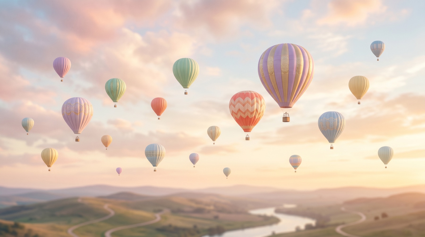 Kolorowe balony na pastelowym niebie o zachodzie słońca